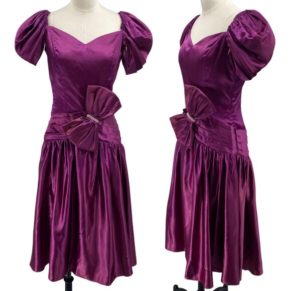 Vintage Dresses & Skirts - Vintage 80s Satin Puff Sleeve Gown Bow Detail Pleated Drop Waist Midi Purple 4
